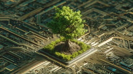 a futuristic technology concept a tree growing from soil at the center of a computer circuit board surrounded by a network of wireframes emphasizing sustainability and ethical practices in it