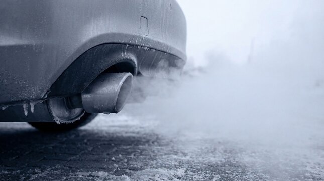 Close-up of car exhaust pipe emitting thick white smoke on a cold winter day. Image highlights air pollution and environmental issues, suitable for automotive and ecology concepts.