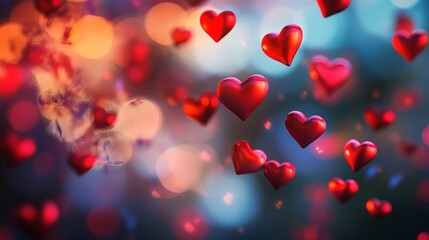 A vibrant and romantic scene of red hearts floating in a colorful, blurry background with bokeh lights.