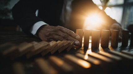 a businessman carefully arranging a row of dominoes to strategize risk management