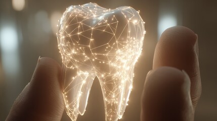 futuristic scientific setting featuring a translucent human tooth with illuminated wireframe and neural connections