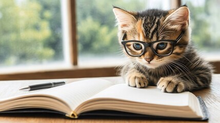Cute Bengal cat wearing glasses sits at a desk with a notebook, focusing on studying by the window on vacation