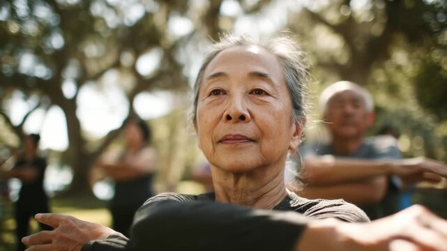 Senior Asian woman exercises outdoors. Peaceful tai chi practice in park. Active retirement lifestyle. Health and wellbeing concept. Joyful elderly group.