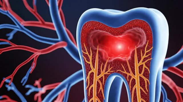 Anatomical cross section of a tooth with blood vessels and nerves