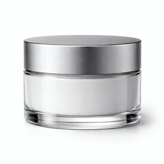 Clear glass jar with silver lid filled with white cream jar cosmetic