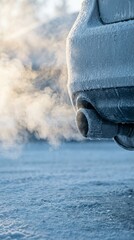 Close up of a frosted car exhaust pipe emitting thick smoke on a freezing winter day. Illustrates cold weather driving and carbon emissions. Great for automotive and environment concepts.