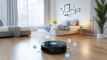 Robot vacuum offers seamless cleaning connections in a stylish home with light wood floors and greenery throughout different areas