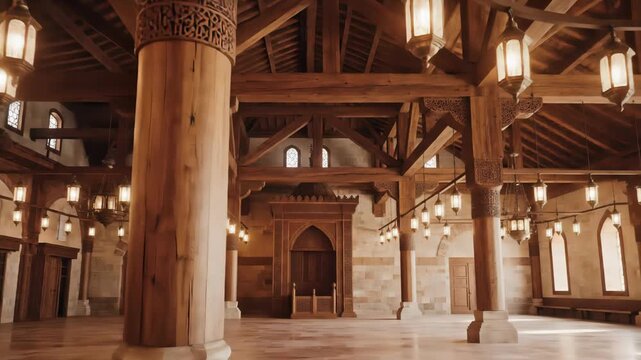 A wide shot inside a grand mosque showcases intricate wooden architecture, with numerous ornate lanterns hanging from the ceiling beams above a polished floor.