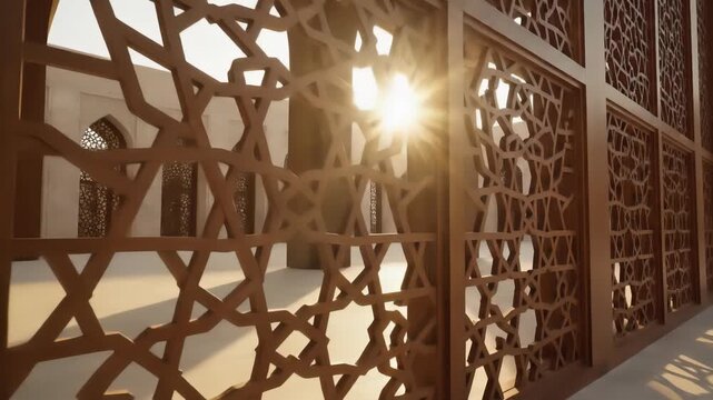 Sunlight streams through an ornate wooden screen with complex geometric patterns, creating dramatic light and shadow play on a sunlit courtyard interior.