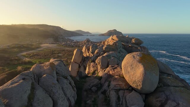 Pathways At The Edge Of The Cliffs Of Cant&iacute;s de Papel Near Xove In Lugo, Galicia, Spain. Aerial Shot