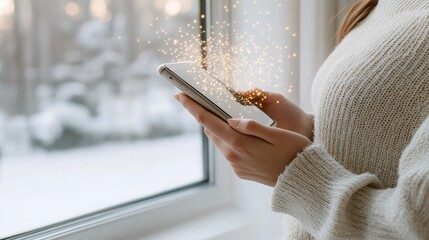 A woman's hand interacts with a smartphone as home icons hover, showcasing smart technology integration in everyday living