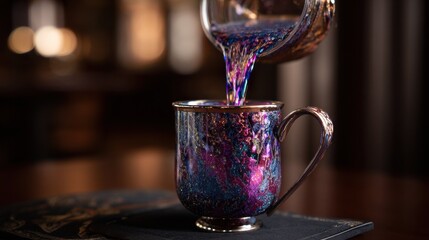 captivating beverage creation an innovative beverage maker pours a cascade of vibrant sparkling liquid into an elegant ornate mug creating a captivating display of color and light