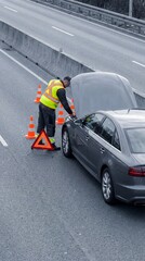 Mechanic in safety vest checks car engine on highway with cones and warning triangle. Scene depicts vehicle breakdown assistance. Ideal for automotive repair and insurance concepts.