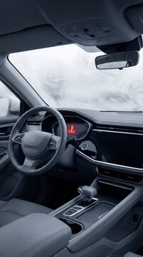 Modern car interior showing a red engine overheating warning light on the dashboard panel. Perfect for automotive maintenance, repair service, and winter driving safety concepts.