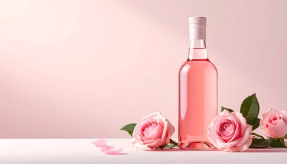 Rose-flavored drink, glass bottle, floral accent, luxury minimal look