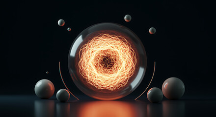 Glowing orange energy vortex within a glass sphere surrounded by white orbs des