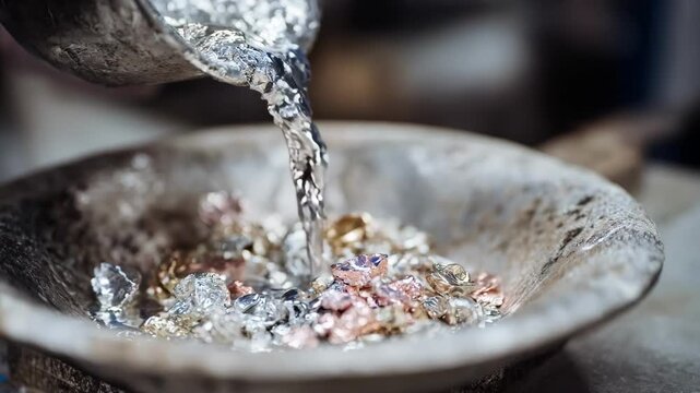 Medium shot showcasing silver electroplating process on delicate jewelry pieces with vibrant metallic shine and smooth texture.