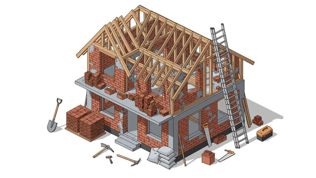 A 3D isometric illustration of a house under construction with exposed roof beams and scattered building tools around it