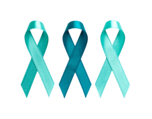 Cervical Cancer Awareness Month Symbol; Set of Three Unique Turquoise Ribbons on Transparent Background
