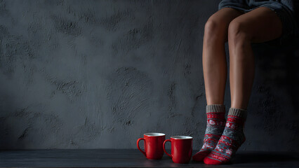 Woman`s legs with christmas socks  dark wall background. 