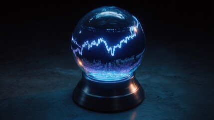 a futuristic holographic display showing a dynamic graph projection inside a glowing orb representing financial progress and advanced data analysis perfect for technology and business concepts