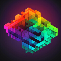 Isometric abstract geometric composition of rainbow colored glass cubes on a dark background