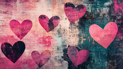 A vibrant and colorful abstract artwork featuring multiple pink and black hearts on a textured background