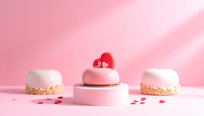 Valentine dessert product podium, pastel pink studio, soft shadow, copy space