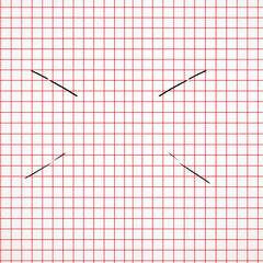 Abstract geometric pattern of black diagonal lines on a fine red grid background