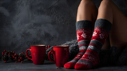 Woman`s legs with christmas socks  dark wall background. 