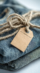 Stack of folded blue denim jeans with a blank recycled paper tag and natural rope