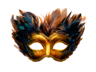 A gold masquerade mask with colorful feathers on transparent background