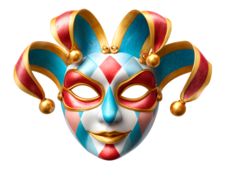 A colorful jester mask on transparent background, symbolizing carnival and theater
