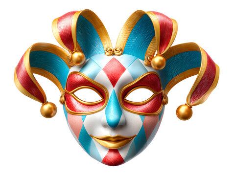 A colorful jester mask on transparent background, symbolizing carnival and theater