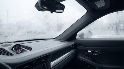 View from inside a luxury car showing the dashboard and a fogged windshield covered in condensation. Represents cold weather driving or winter mornings. Ideal for automotive concepts.