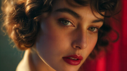 A woman with curly hair styled in an updo, wearing a white blouse and red lipstick.