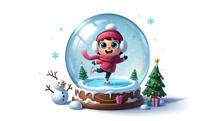 Girl ice skating inside snow globe with snowman Christmas tree isolated on a transparent background