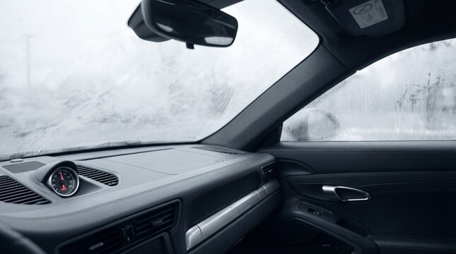 View from inside a luxury car showing the dashboard and a fogged windshield covered in condensation. Represents cold weather driving or winter mornings. Ideal for automotive concepts.