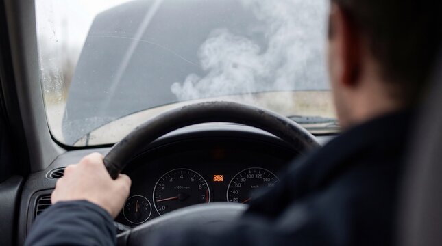 Driver view of broken car with smoke rising from open hood and check engine light on dashboard. Concept of vehicle breakdown, overheating engine, and roadside emergency situations.