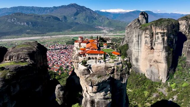 Meteora , Greece - 22. June 2025: Panoramic sunrise from the air View of the Meteora Mountains