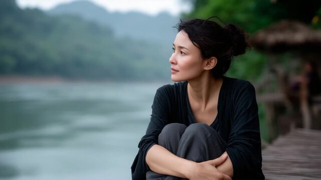 cinematic outdoor scene of a woman resting on a wooden dock by a green river surrounded by tropical forest and mountain hills. She&rsquo;s sitting with knees bent, arms wrapped around 4K