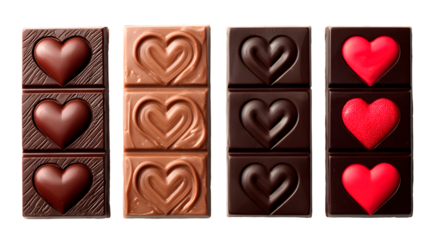 A collection of heart-shaped chocolate bars on transparent background
