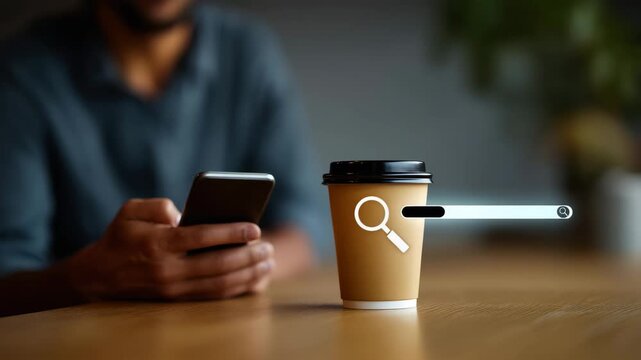 Close-up shot of a man&rsquo;s hands holding a smartphone above a light wooden table, with a takeaway paper coffee cup placed nearby. A glowing minimal white search bar interface float