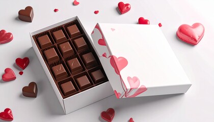 Chocolate packaging mockup, blank box, heart accents, clean background
