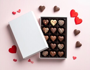 Chocolate packaging mockup, blank box, heart accents, clean background