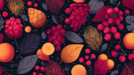 Abstract Christmas botanical pattern. Festive winter holiday background with red berries, pine needles, orange slices, and autumn leaves on dark watercolor texture.