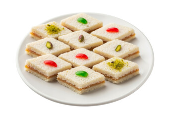 Assorted square shortbread cookies with colorful candy toppings on a white plate