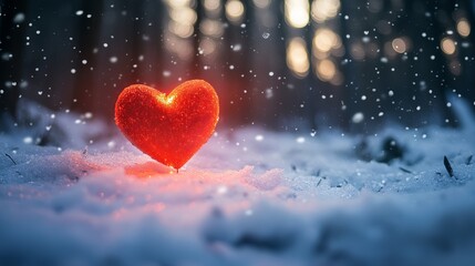 Fototapeta premium A glowing red heart stands alone in the snowy forest during a serene snowfall