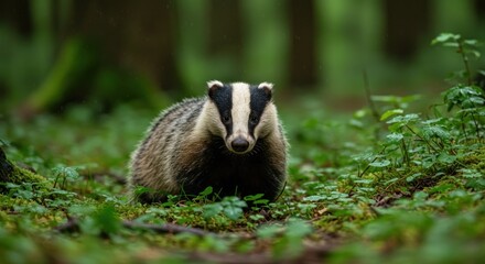 A badger with distinctive white stripes on its face and grayish-brown fur crouches low in a lush green forest
