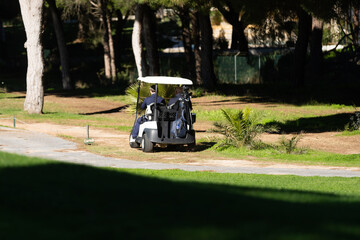 Golf cart on a golf course with green grass field with trees 